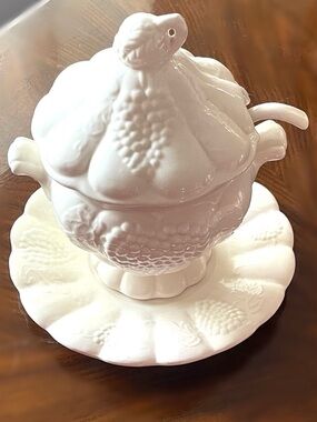 California Pottery White Ceramic Soup Taurine with Matching Under Plate & Ladle!